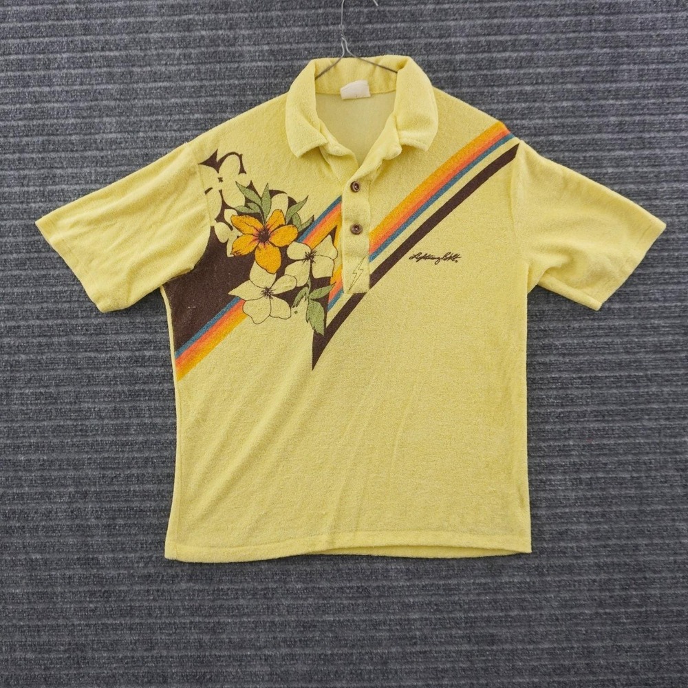 Vintage 70s Lightning Bolt Polo Shirt Mens L Yellow Terry Cloth Rainbow Floral